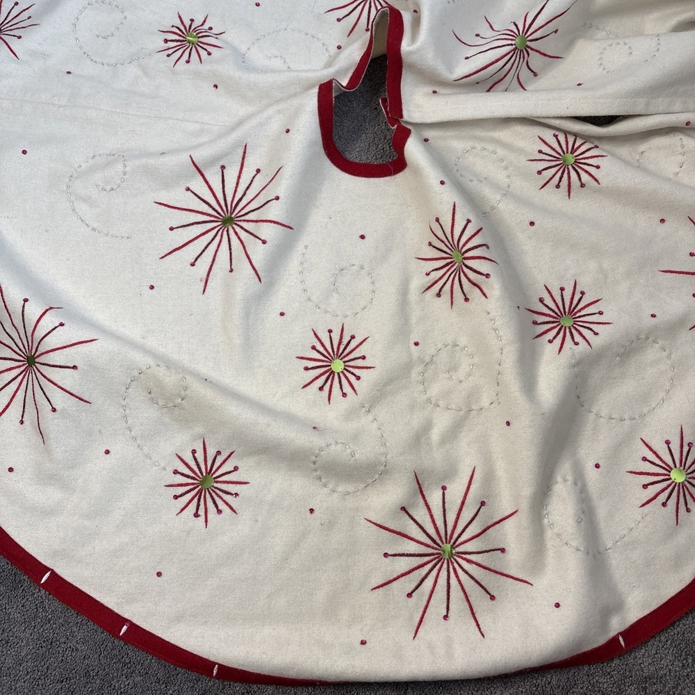 Crate & Barrel Starburst Wool Blend Christmas Tree skirt 54" Sequins Embroidered